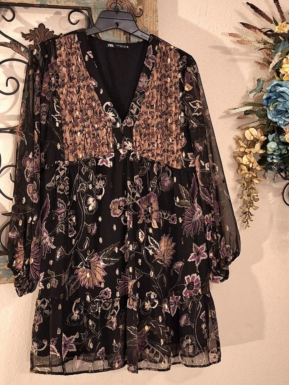 Zara Black Long Sleeve Floral Mini Dress with Pink Accents. NWOT Size XS